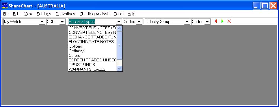 Group Bar Working with Charts This contains codes corresponding with Security Types 3.5.3 Industry Groups The fifth dropdown box is the Industry Group box.