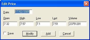 Edit Price Working with Stock Data 4.7 EDIT PRICE Edit Price allows you to change stock data for a specific date. You can simply right click on a date to be modified, select "Edit Price".