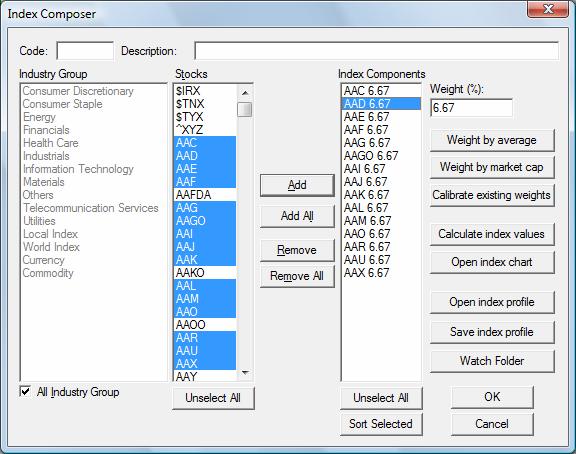 Index Composer Working with Stock Data 4.9 INDEX COMPOSER Index Composer will allow you compose your own index to reflect the market performance of certain stocks in a designated category.