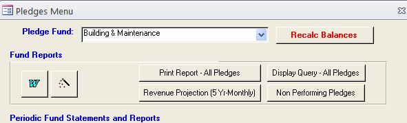 4) At the top of the screen to the right of the words Pledge Fund, select the fund in which the pledges have been entered. Then Click the Recalculate Balances icon.
