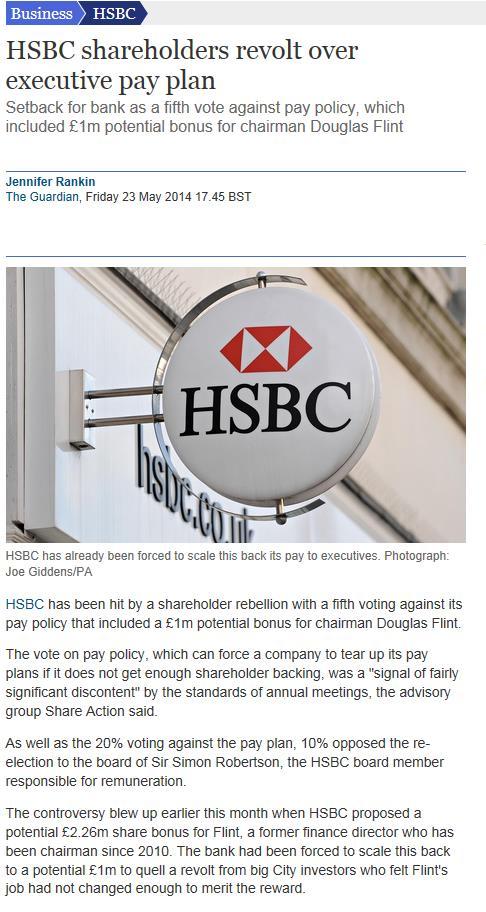 HSBC shareholders protest over pay in 2014: A fifth of shareholders have failed to support HSBC s remuneration policy, which