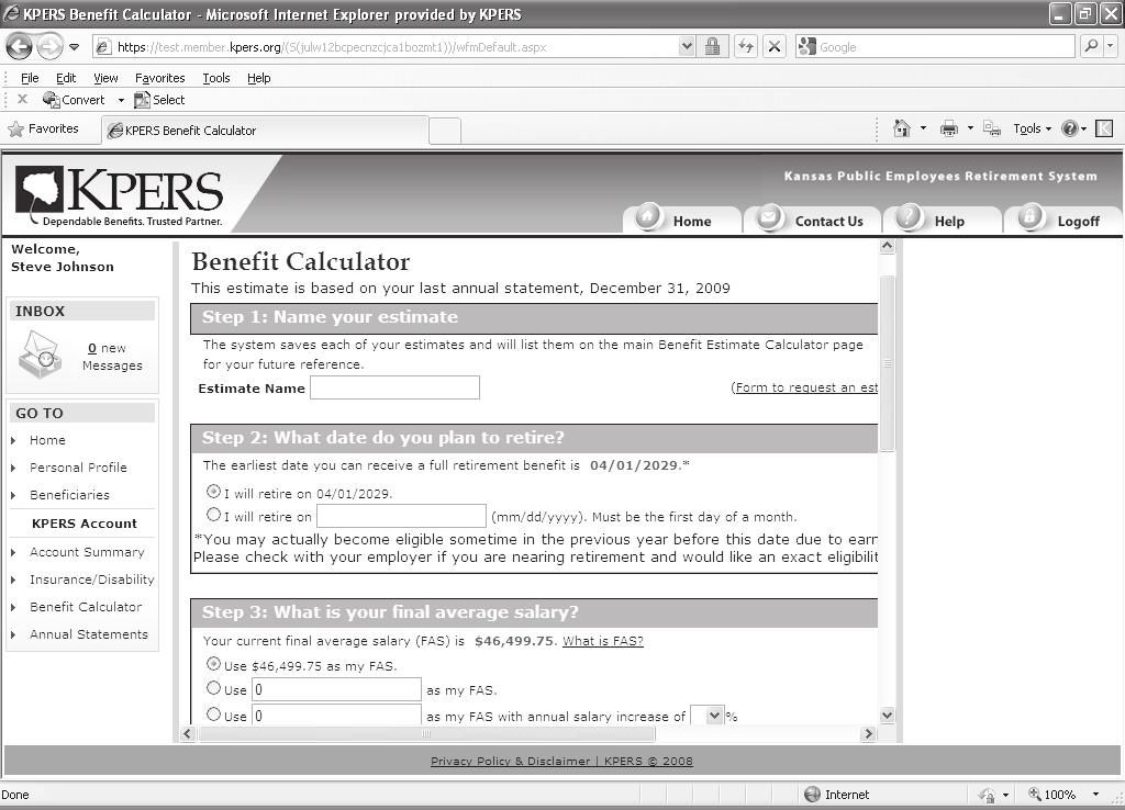 Estimating Your Monthly Retirement Benefit You can calculate an estimate through your online account access or with the generic benefit calculator at www.kpers.org.