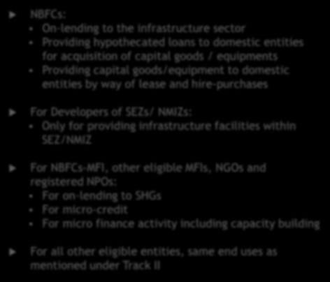 hire-purchases On-lending to other entities with any of the above objectives Purchase of land For Developers of SEZs/ NMIZs: Only for providing infrastructure facilities within SEZ/NMIZ For