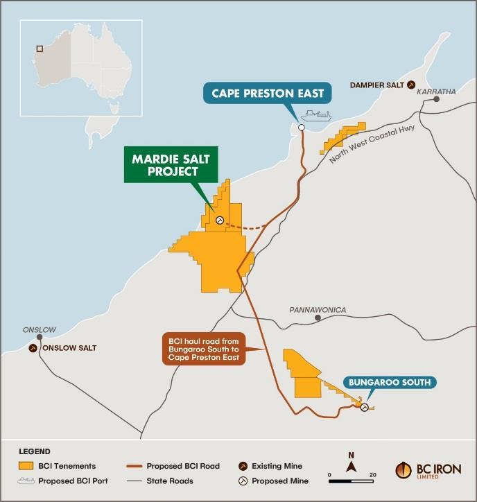 Mardie Salt Located on the Pilbara coast near BCI s proposed Cape Preston East port Site geometry allows natural inflow of seawater Excellent climate conditions for a solar salt evaporation operation