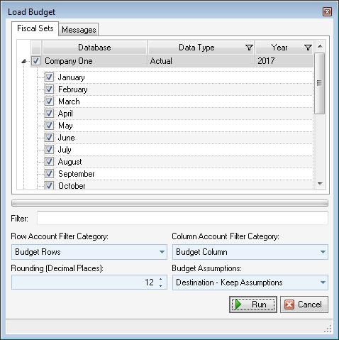 5. Select a row and column category. It is required to select a row and column category. Only account categories with filters set for Budget Input will be shown.