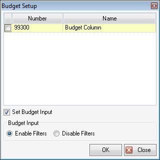Figure 2 - Budget Setup window 2. Select the categories containing the filters you want to pair with.