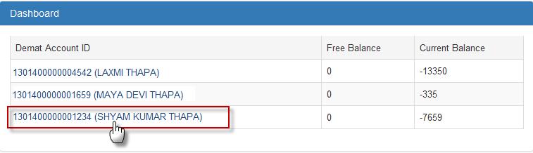There are 3 Demat accounts registered under the user Ram Kumar. The three Demat accounts along with each account s Free and Current Balances are shown in his dashboard.