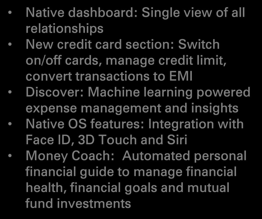 manage credit limit, convert transactions to EMI Discover: Machine learning powered
