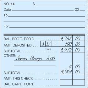 5-2: Bank Reconciliation page 126 RECORDING A BANK SERVICE CHARGE ON A CHECK STUB 1 2 1. Write Service Charge $8.