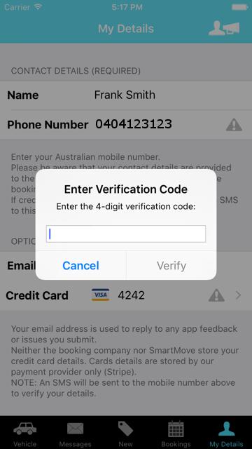 After a credit card has been registered the customer will need to verify their phone number in order to use that credit card.