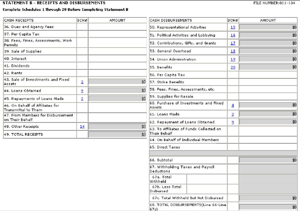 STATEMENT B - RECEIPTS AND DISBURSEMENTS Items in this section are manually completed except those related to a specific schedule. Where any do not apply, insert 0.