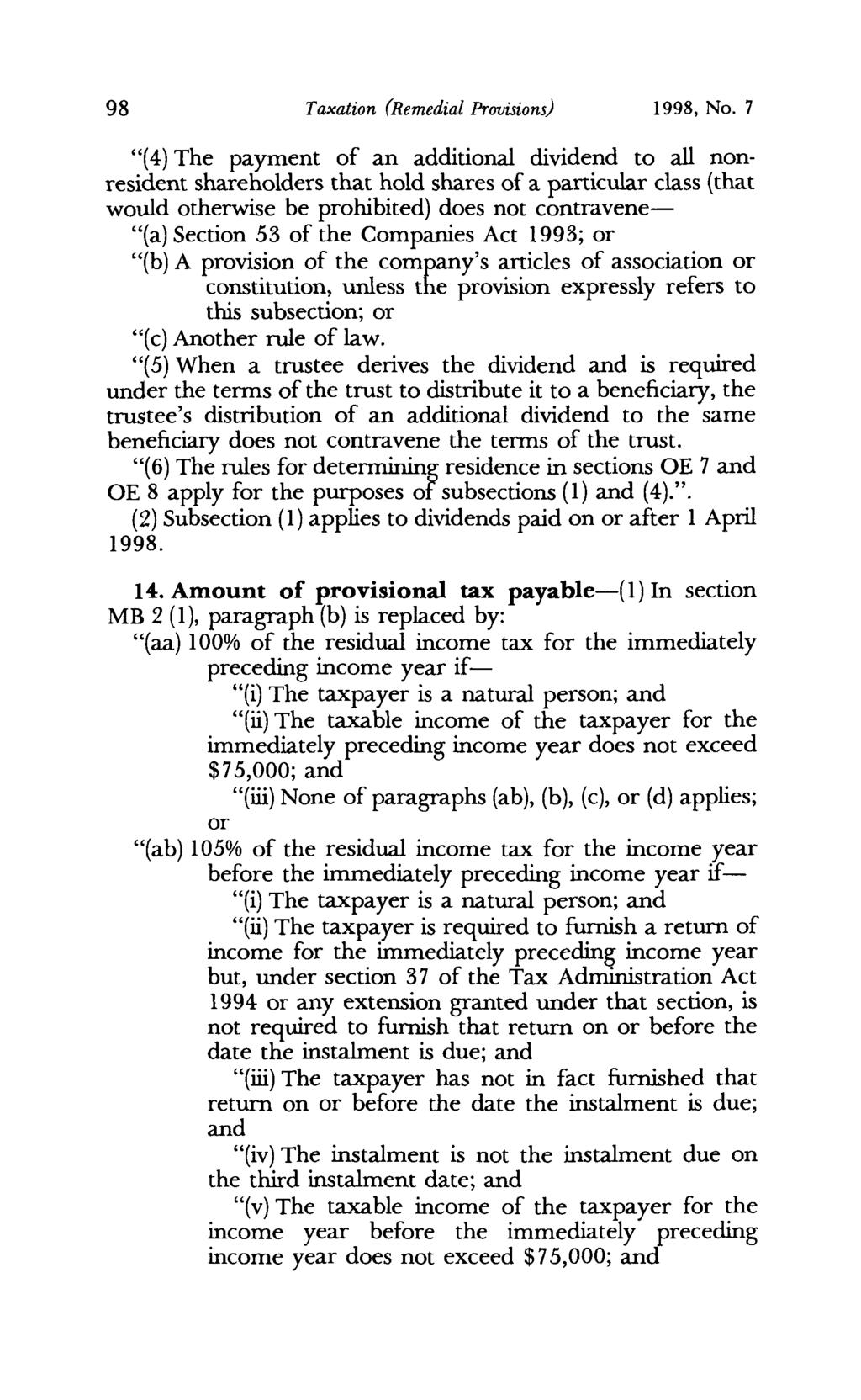 98 Taxation (Remedial Provisions) 1998, No.