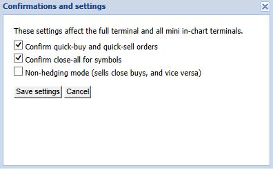 OPEN AND PENDING ORDERS LIST E. SETTINGS To manage the settings using the MT4+ Trade Terminal, click on the Settings menu and select Confirmation and preferences ().