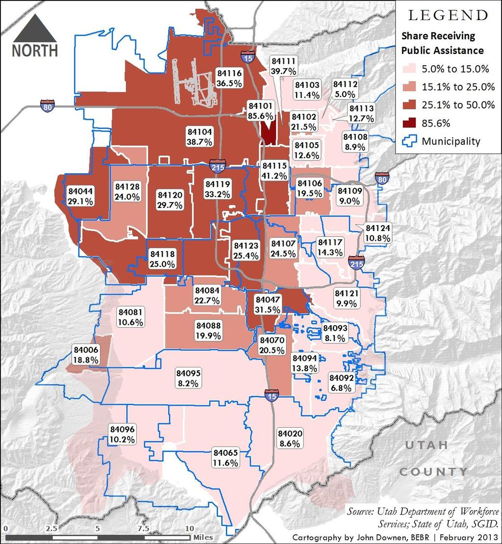 Figure 24 maps the percentage of individuals receiving public assistance in each zip code in Salt Lake County. Again, though the ZCTAs do not exactly correspond to the zip code boundaries used by DWS.