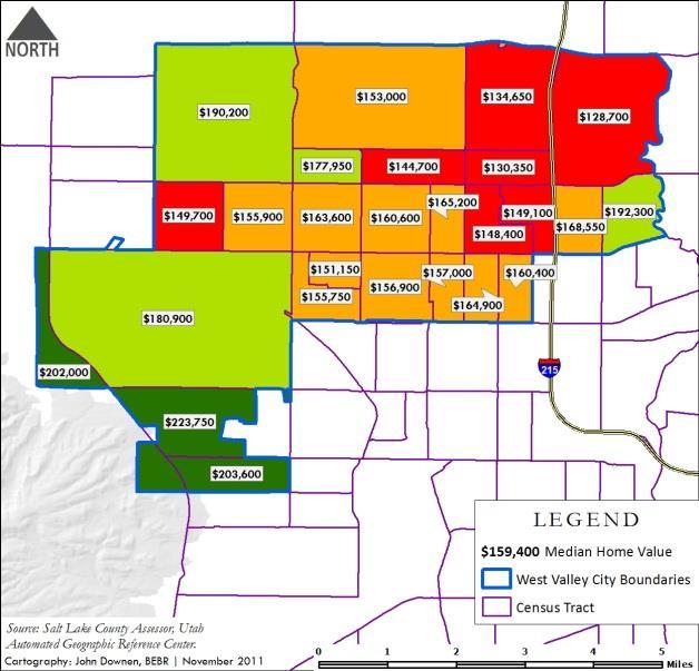 Figure 36 Median Home Value by Tract in West Valley City, 2011 Red and orange tracts have median value