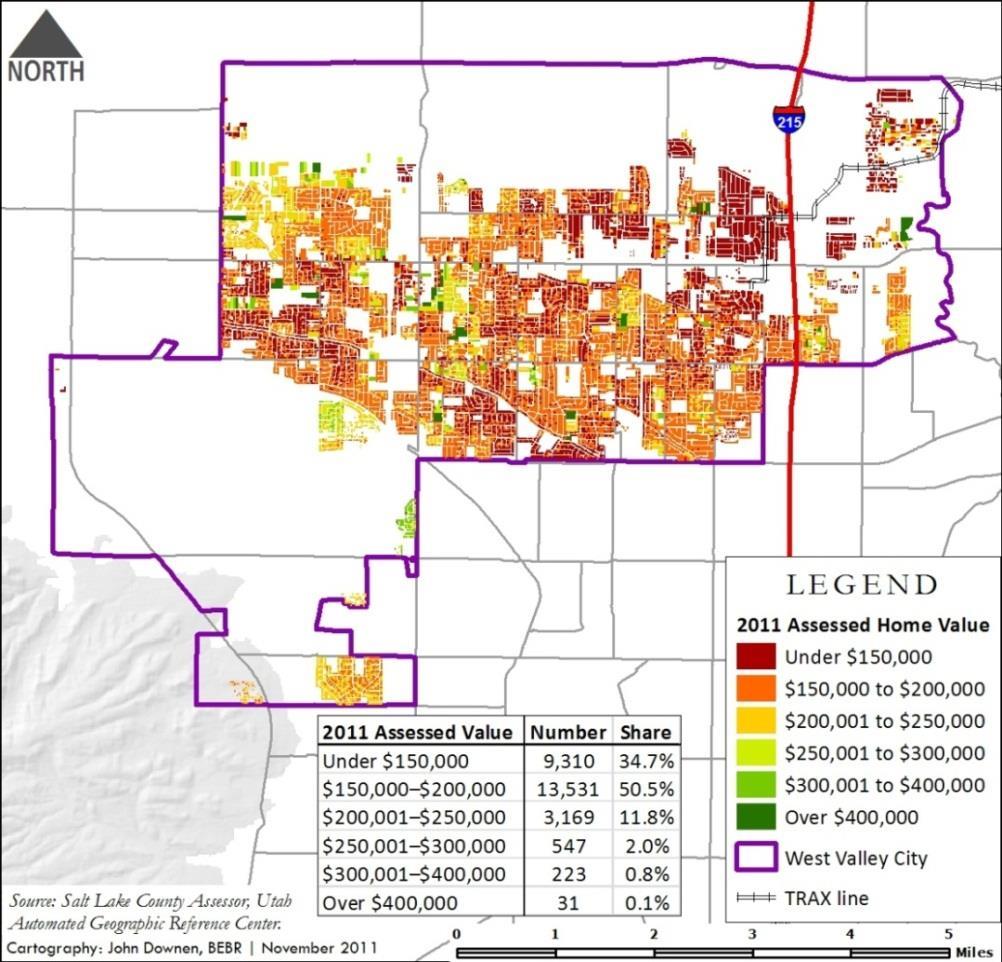 Figure 37 Assessed Value of Detached Single Family Homes in West Valley City, 2011 Foreclosed homes not only have a negative effect on residents who lost their homes, but can also negatively affect