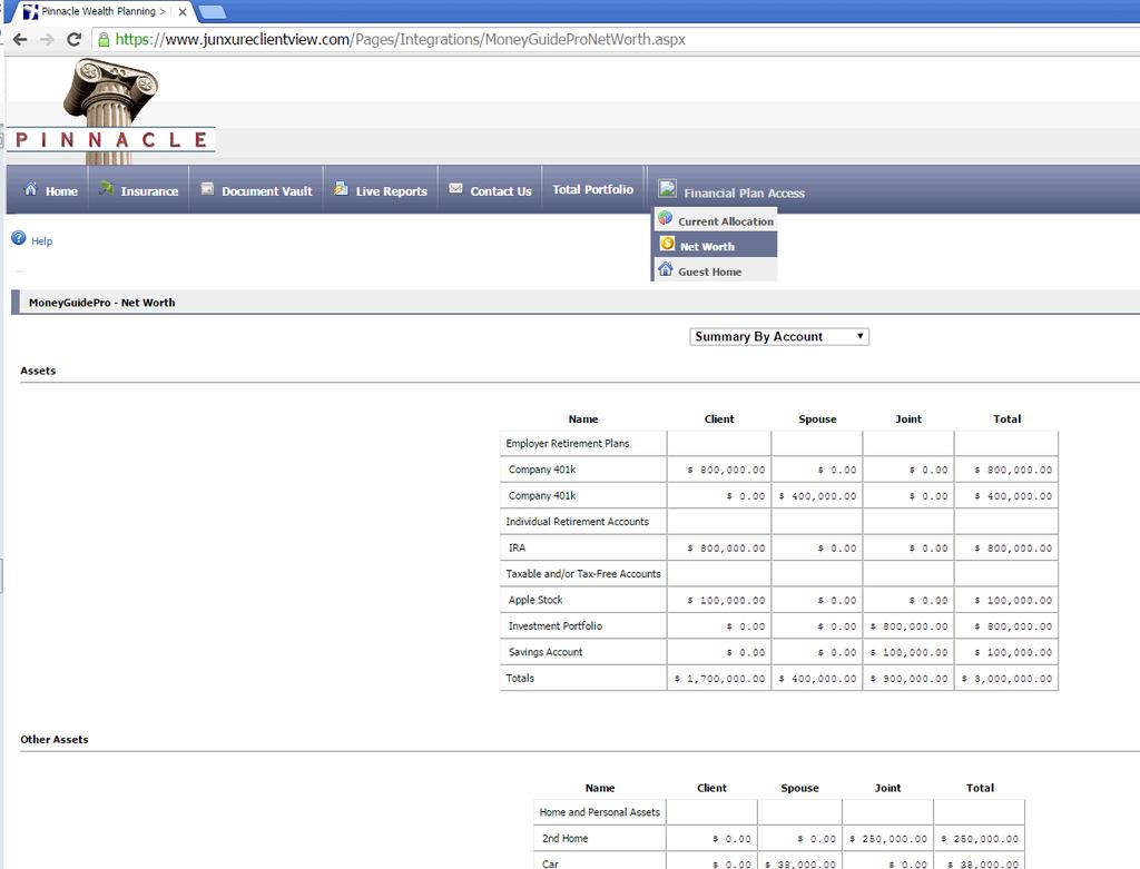 Net Worth: At the top of the screen there is a drop down menu labeled Summary by Tax