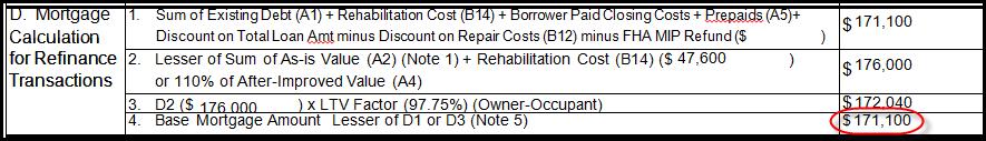 Maximum Mortgage Worksheet Example: Full Consultant 203(k), Refinance: Section D 1. Existing Debt + Renovation Costs + Closing Costs & Prepaids 2.