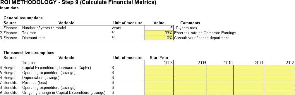 Figure 9.3 An input sheet from an example financial metrics document. Tax rate Line 2.