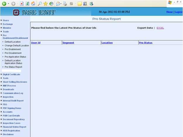 6) Pro status report:- Pro Status Report has been provided on the ENIT front-end. Members may use this option to view the final Pro-status of their user ids in each segment as on current date. 3.