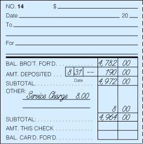 RECORDING A BANK SERVICE CHARGE ON A CHECK STUB 1. Write Service Charge $8.00 on the check stub under the heading Other. 2.