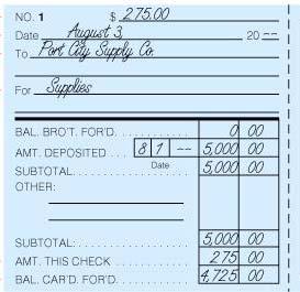 COMPLETED CHECK STUB 2 4 6 3 1 5 1. Write the amount of the check. 2. Write the date of the check. 3. Write to whom the check is to be paid.