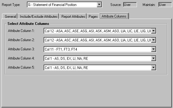 You assign attribute position 11 Net Asset Restriction to Column 1 of the report definition and attribute position 10 Funding Source to Column 2 of the report definition.