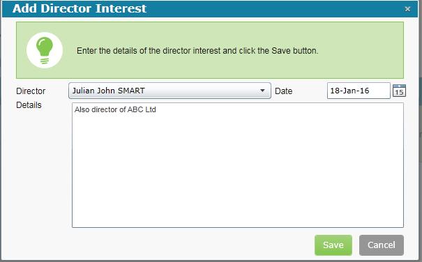 Directors Interests Select Add Interest to add directors