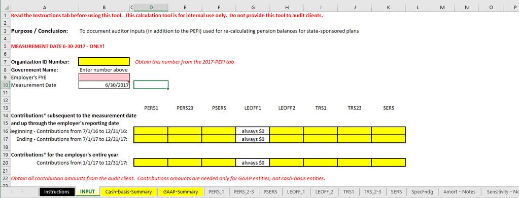 Example: GASB 68 Auditors select government, FY and input contribution record Spreadsheet gives ALL line item