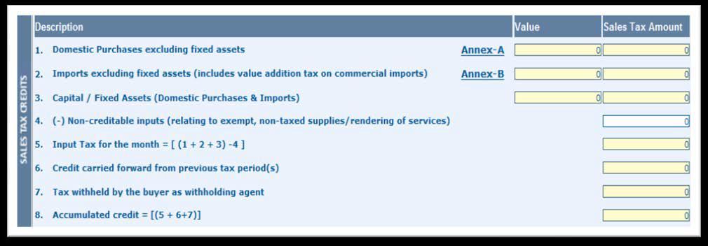 2.6 If you have click on Sales Tax Return the Return Form SST-03, will appear, fill its sections as follow: 2.6.1 Sales Tax Credit Section: This section Accumulates input tax paid i.