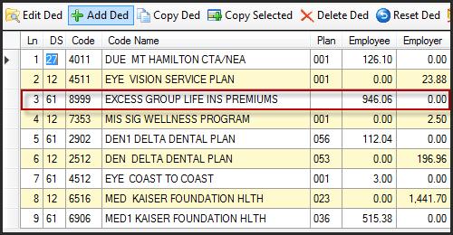 Example of QSS Deduction PD Screen District enters Excess Group Life Insurance in the PD screen The deduction schedule (DS) can