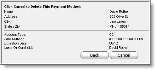 To go back to the previous screen and cancel the payment method deletion, select the Back button.