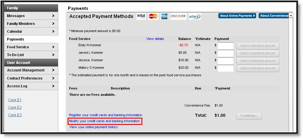 KNOWLEDGE BASE - MANAGING PAYMENT INFORMATION Image 10: Modifying a Registered Payment Method Once selected, users are directed to a new screen displaying all registered payment methods.