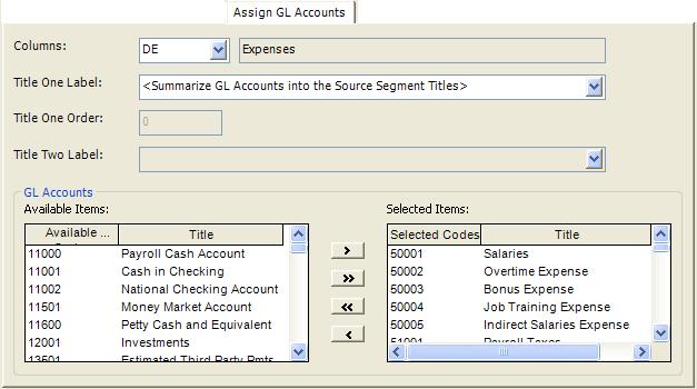Advanced Financial Statements GASB Statement of Activities Assign GL Accounts Tab Use the Assign GL Accounts tab to assign specific general ledger accounts to the current GASB statement format.
