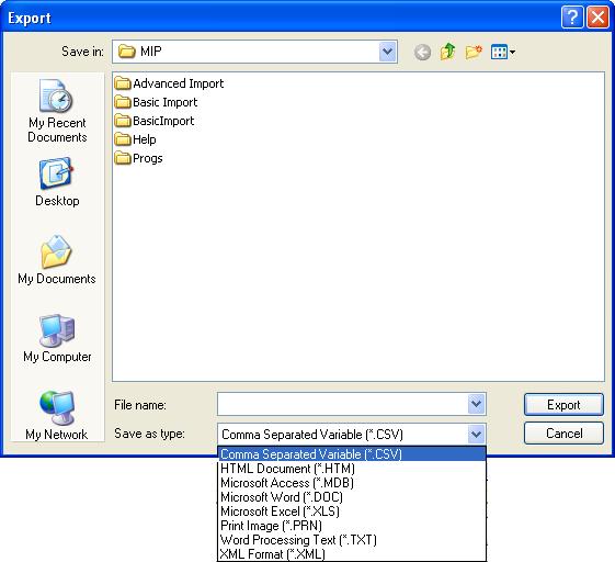 Export Sage 100 Fund Accounting The dialog box is similar to a Save File form. Select the directory for the exported file, type in a file name and specify the file type.