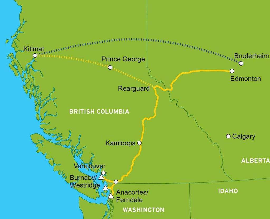 Trans Mountain Pipeline Advantages to Westcoast Enbridge Gateway Proposal Trans Mountain: Expand south first, then North as needed TMX on existing ROW Northern Gateway is greenfield TMX is phased to