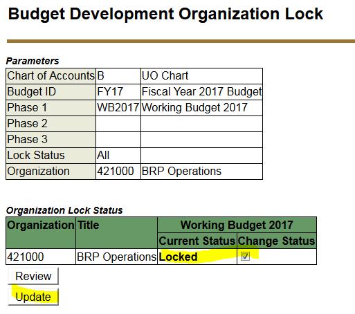 To unlock an organization at your level or below to edit salary budgets, go back into the Organization Lock screen and click the change box next to the locked organization.