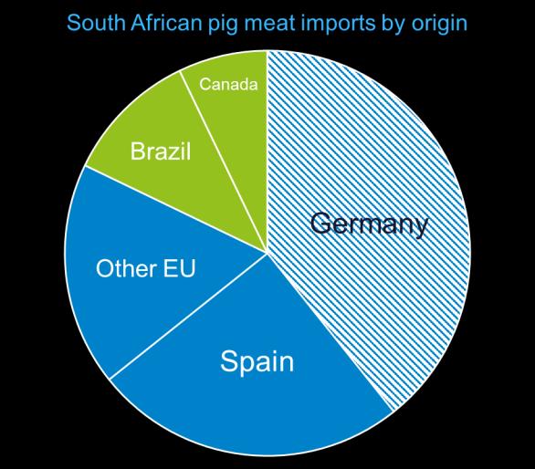 Potential for South Africa Germany is by far the largest supplier of pork to South Africa, which is a relatively small importer (10,000 tonnes from all sources), with around 40% of the market.