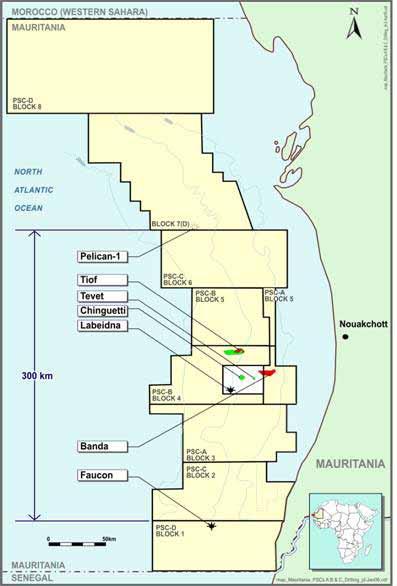 OFFSHORE MAURITANIA: DISCOVERIES AND FIELDS ROC s acreage offshore Mauritania includes: Chinguetti Oil Field: Development Tiof Oil Field Banda Gas Field Appraisal Tevet Oil