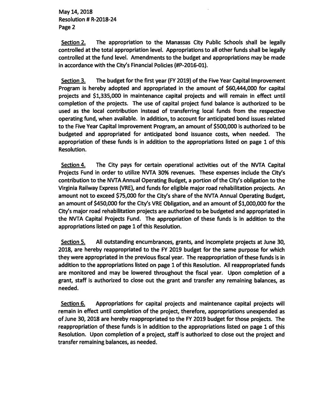 May 14,2018 Resolution # R-2018-24 Page2 Section 2. The appropriation to the Manassas City Public Schools shall be legally controlled at the total appropriation level.
