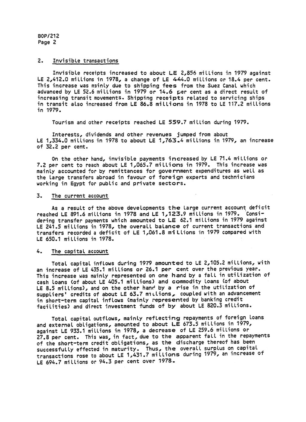 BOP/212 Page 2 2. Invisible transactions Invisible receipts increased to about LE 2,856 millions in 1979 against LE 2,412.0 millions in 1978, a change of LE 444.0 millions or 18.4 per cent.