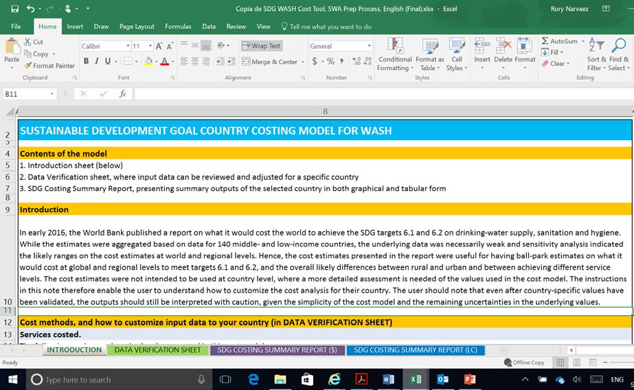 6 II Overview of the wash costing tool The WASH SDG Costing Tool is a model that is based on an Excel file which is available in English, French, Spanish and Portuguese from the following link: www.