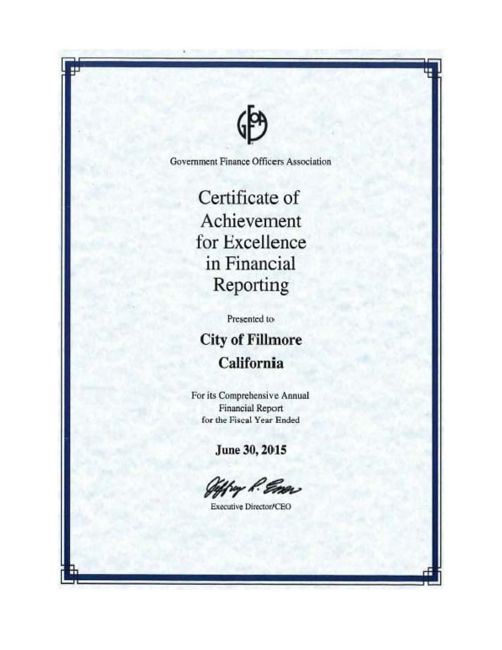 Certificate of Achievement for Excel~ence in Financial Reporting City 1of Fillmore Cattiornia For its