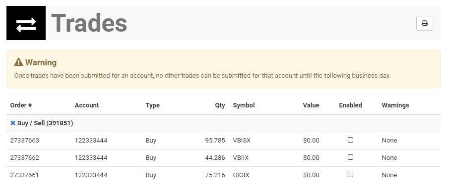 Trading-View Pending Trade Orders Page 33 Trades Use Trades to view pending trade orders. You may also cancel a trade under the Trades option before FTJ FundChoice trade cutoff.