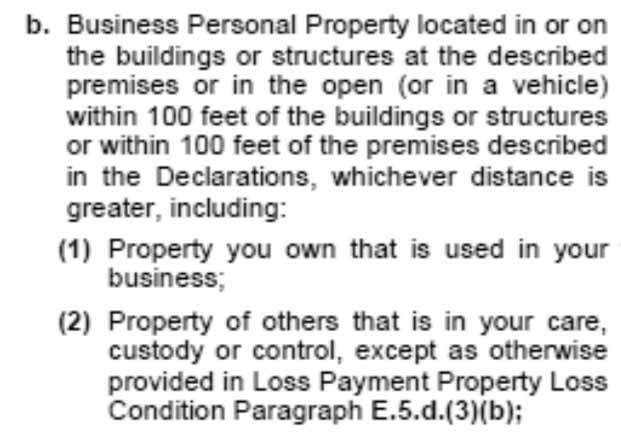 buildings at described location or out in open at described location or within 100 feet of described premises  glitches property in c/c/c Contents in