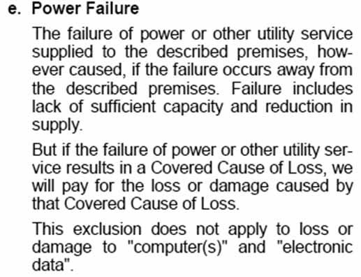 concurrent causation exclusion for loss due to: Off premises power failure Lack of sufficient power