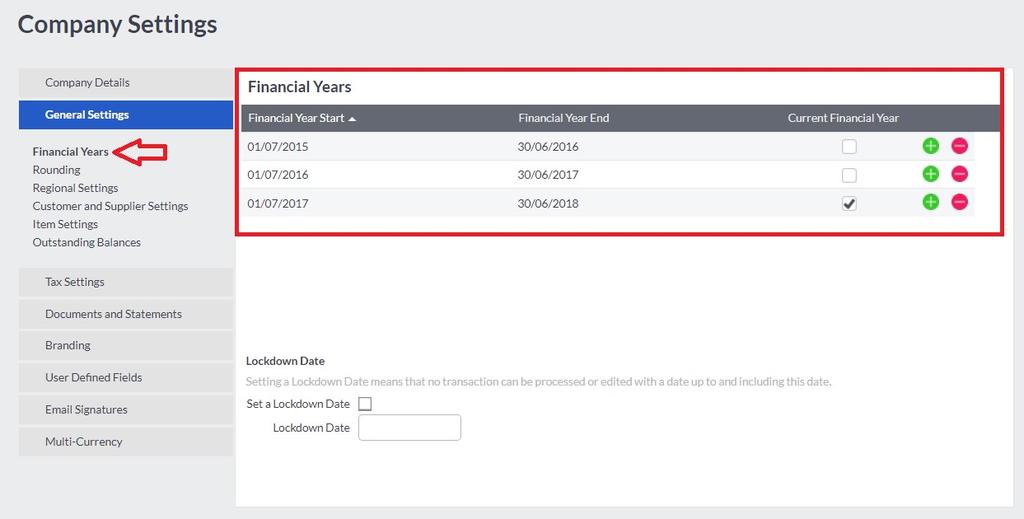 The following settings may be more important to check, after a new company file is created and before entering any transactions General Settings / Financial Years