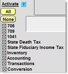 On the right below is the drop-down submenu with the Federal and State Fiduciary Income Tax Return and 709 modules de-activated.