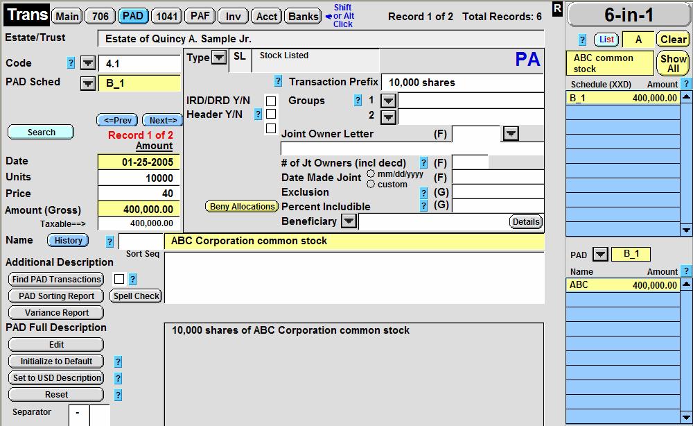 of this screen is detailed in the documentation for specific State Death Tax Returns (available separately to licensees of that State s Death Tax Return software).