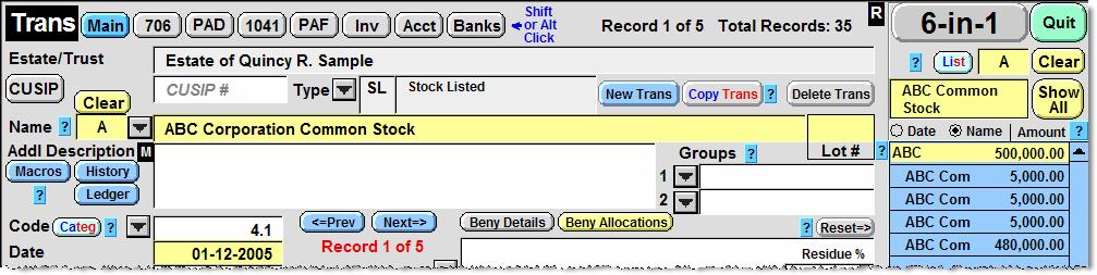 If matching records are found, the program returns you to the Main transaction data entry screen to view, edit, or delete the found set of transactions, i.
